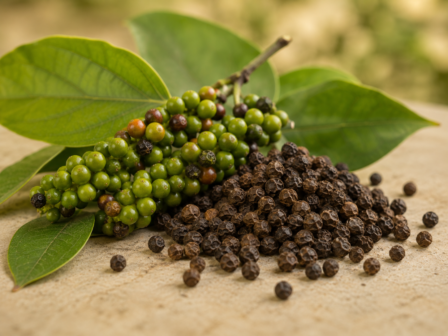 Grains de poivre noir et poivre frais