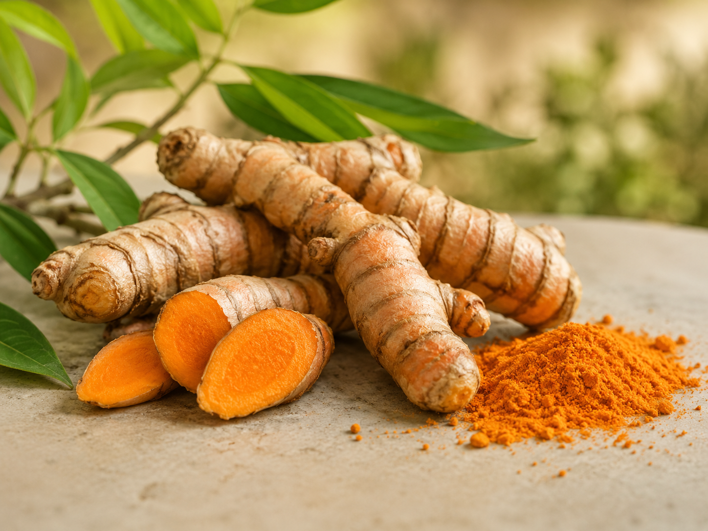 Racines de curcuma et poudre de curcuma